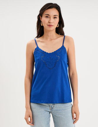 D&eacute;bardeur avec broderie anglaise coton bleu electrique femme