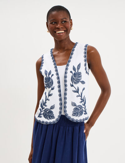 Gilet sans manches brod&eacute; gaze de coton blanc femme