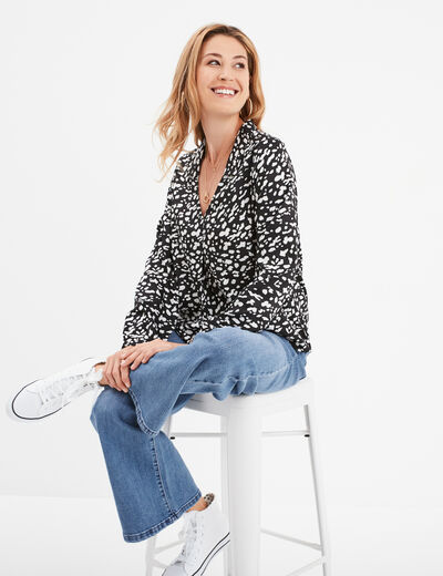 Blouse effet satin col en V à revers noir femme