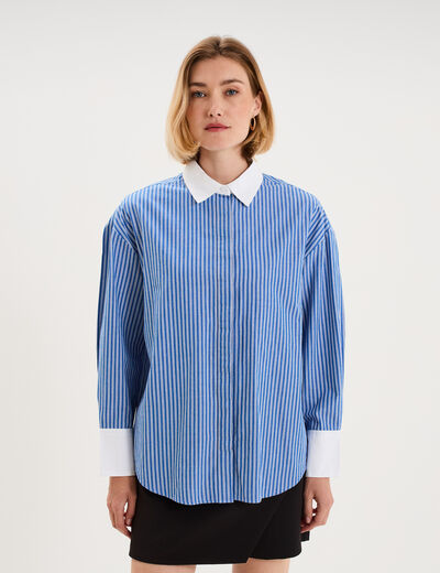 Chemise droite manches longues coton bleu femme