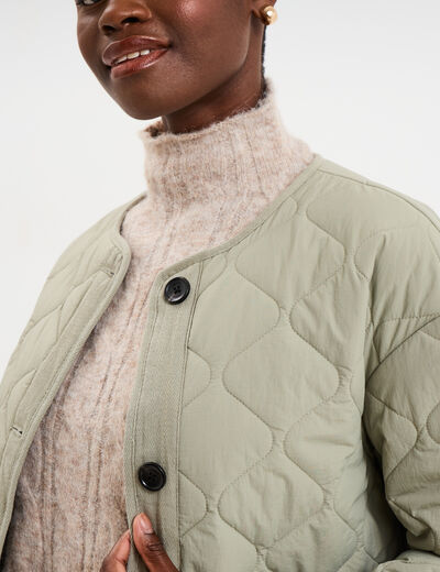 Veste matelass&eacute;e boutonn&eacute;e col rond vert kaki femme