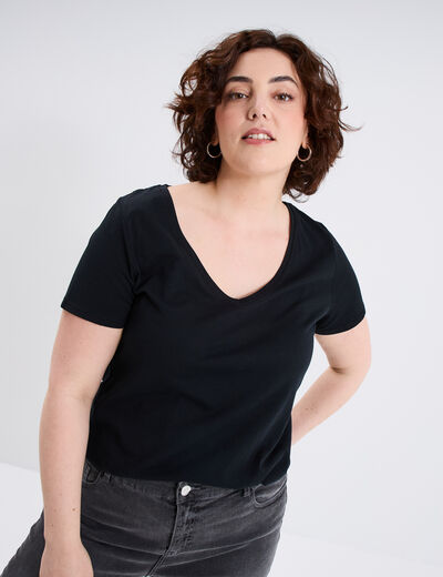 T-shirt col en V manches courtes coton noir femme grande taille