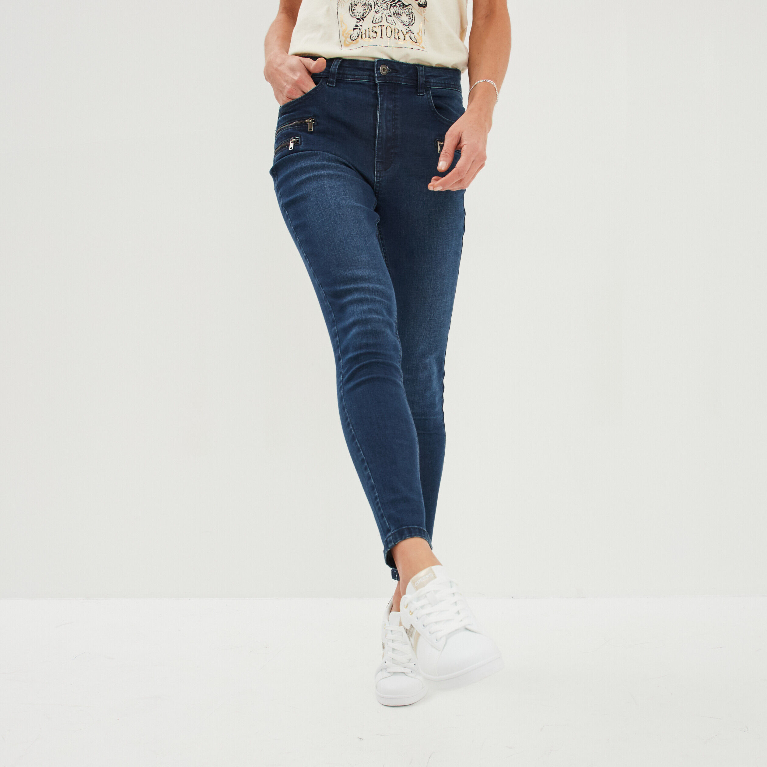 Jeans skinny 7/8ème poches zippées denim blue black femme LIBERTO