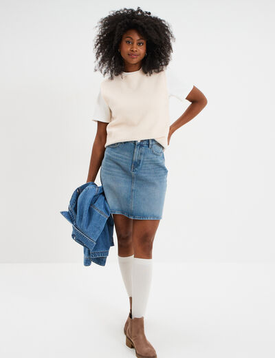 Jupe courte trapèze en jean coton denim double stone femme