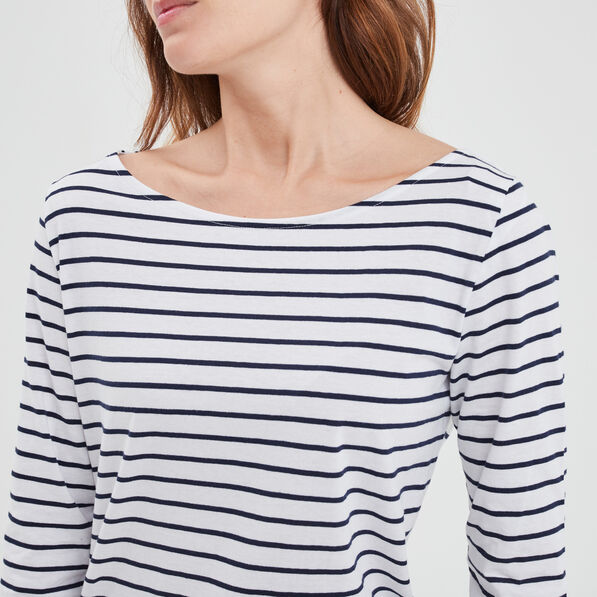T-shirt manches 3/4 col bateau coton bleu marine femme