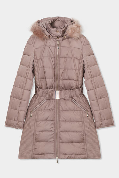 Doudoune droite à capuche taupe femme
