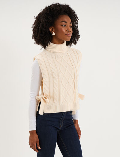 Pull poncho col roul&eacute; sans manches sable femme