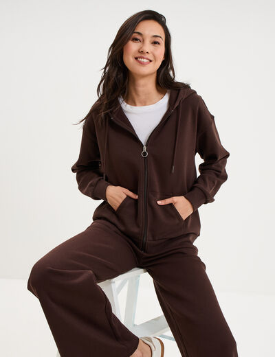 Sweat zipp&eacute; &agrave; capuche marron fonc&eacute; femme