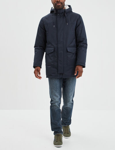 Parka mi-longue doubl&eacute;e &agrave; capuche bleu fonc&eacute; homme