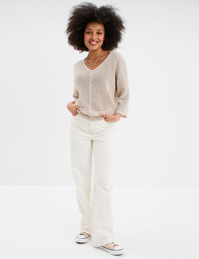 Pull ajouré effet crochet manches 3/4 beige femme