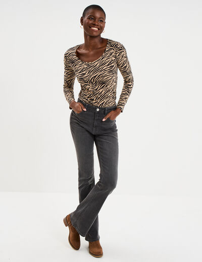 T-shirt col rond manches longues coton beige moyen femme