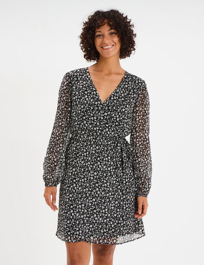 Robe manches longues col cache-coeur noir femme
