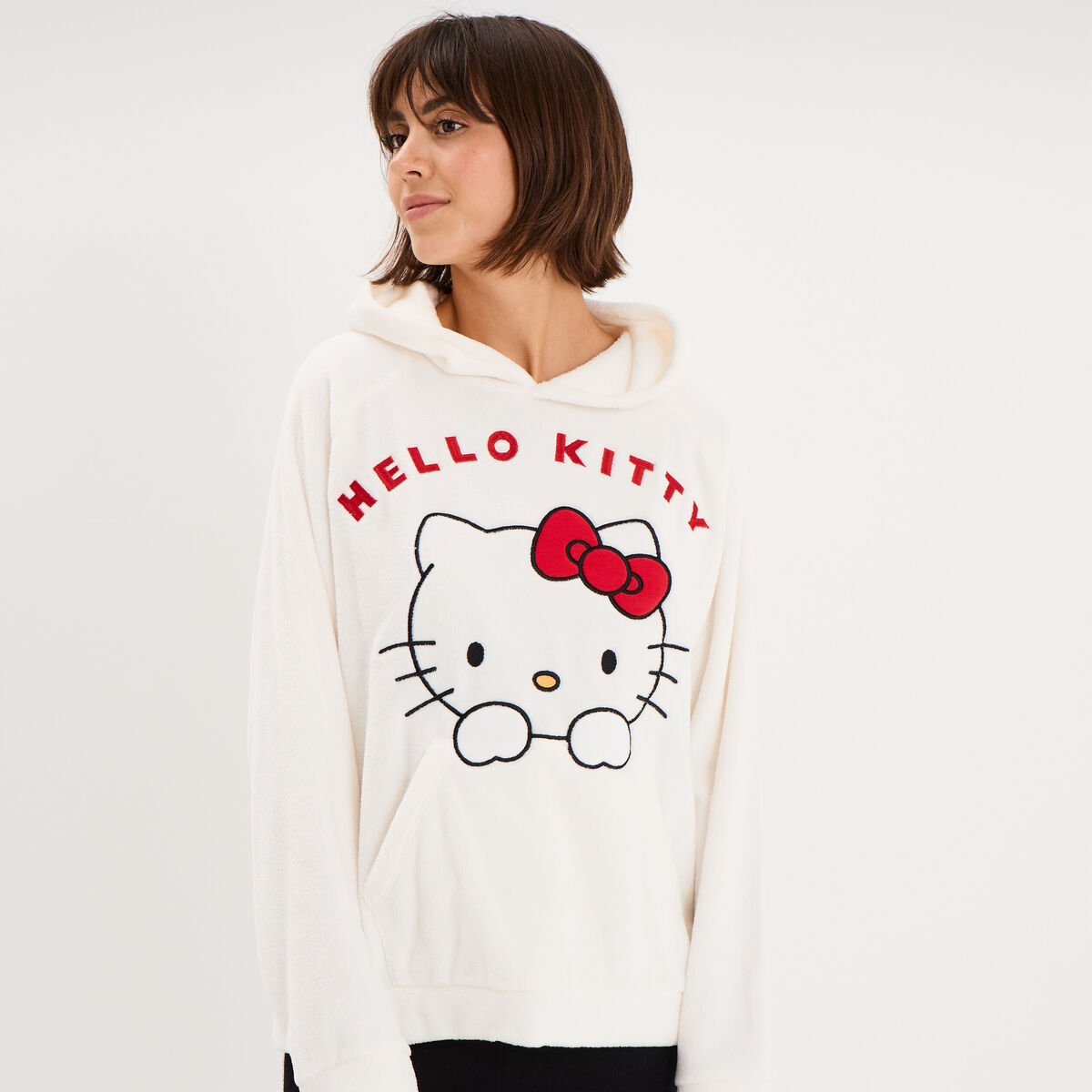 Sweat effet velours 1 poche Hello Kitty blanc femme
