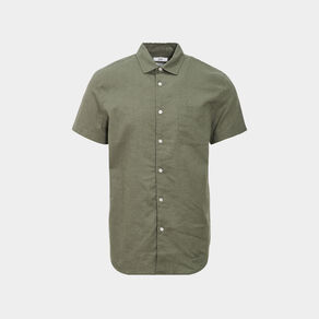 Chemise manches courtes lin mélangé vert kaki homme