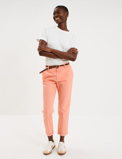 Pantalon chino 7/8&egrave;me ceinture tress&eacute;e orange corail femme
