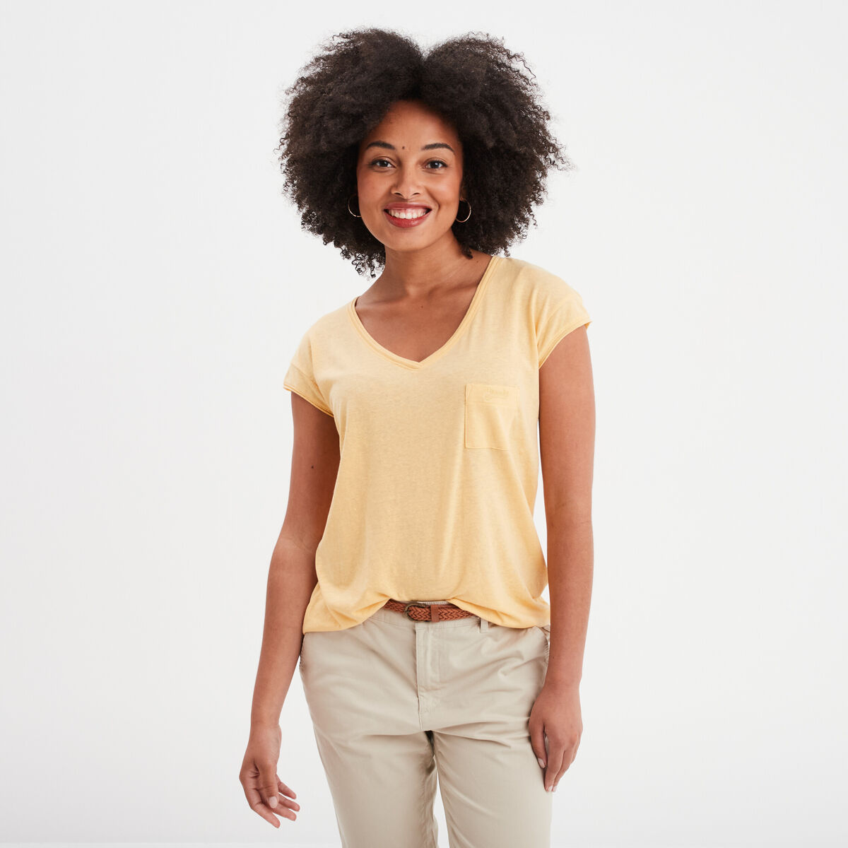 T-shirt col v poche poitrine Creeks jaune clair femme