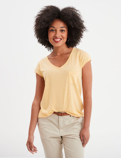 T-shirt col v poche poitrine Creeks jaune clair femme