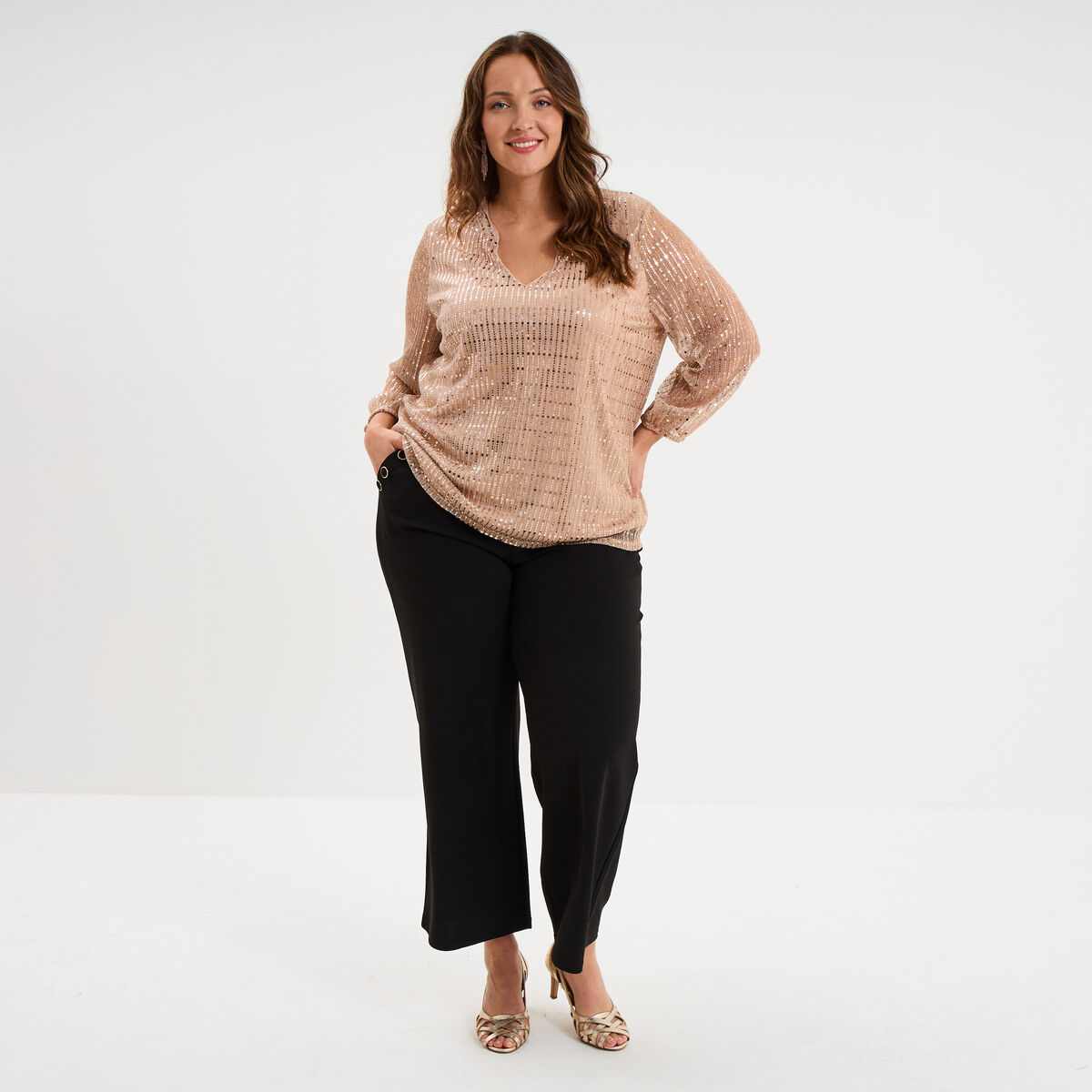 Pantalon large &agrave; pont noir femme grande taille