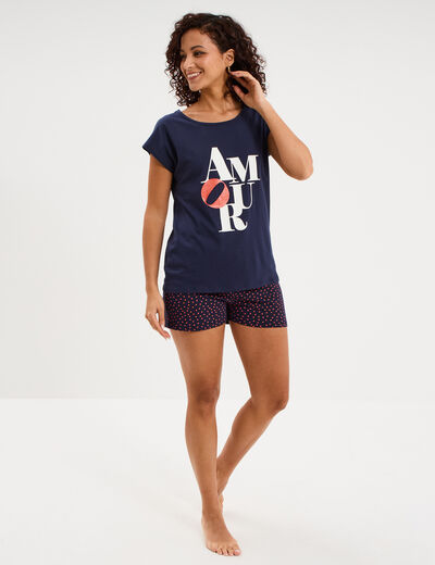 Ensemble pyjama t-shirt et short coton bleu marine femme