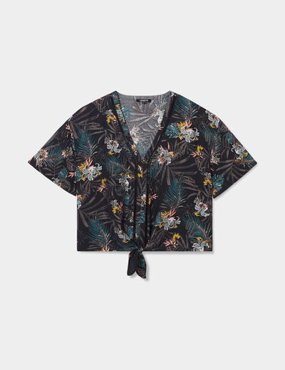Blouse manches courtes détail noeud noir femme