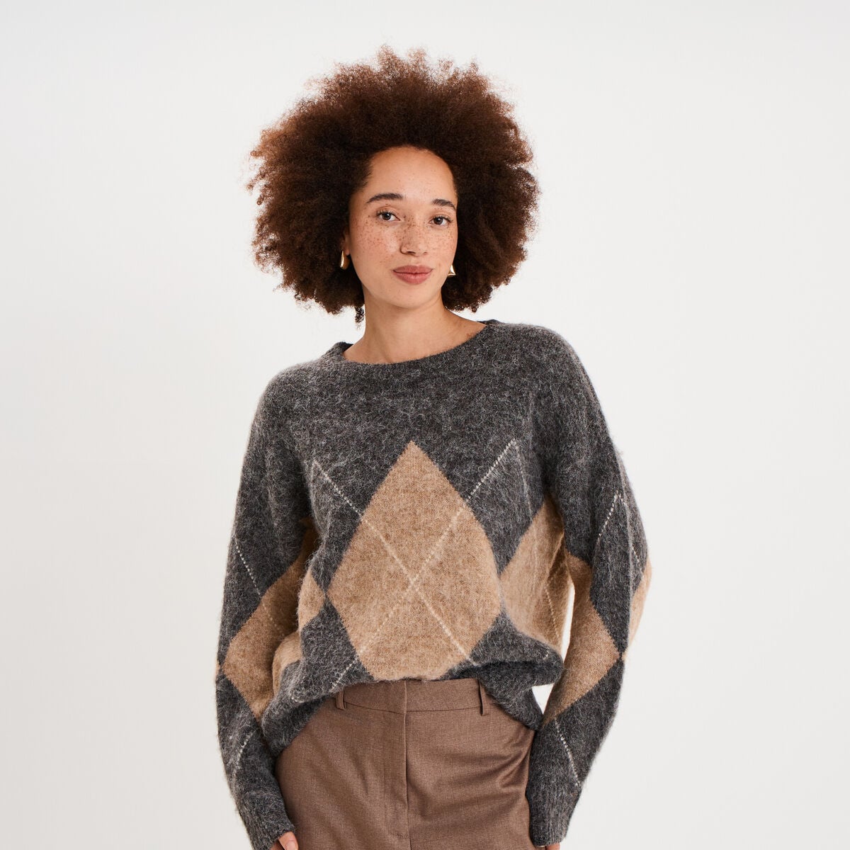 Pull col rond oversize en maille laine gris moyen femme
