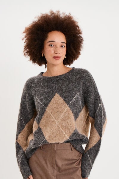Pull col rond oversize en maille laine gris moyen femme