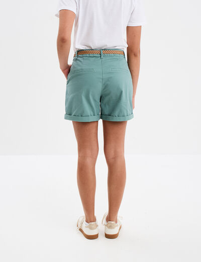 Short chino ceinture tressée bleu gris femme