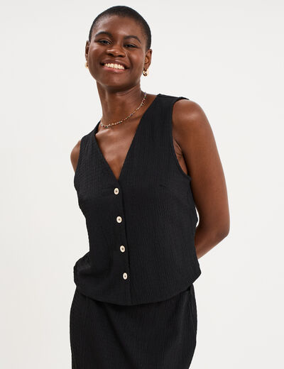 Veston gaufr&eacute; ajust&eacute; boutonn&eacute; col en V noir femme