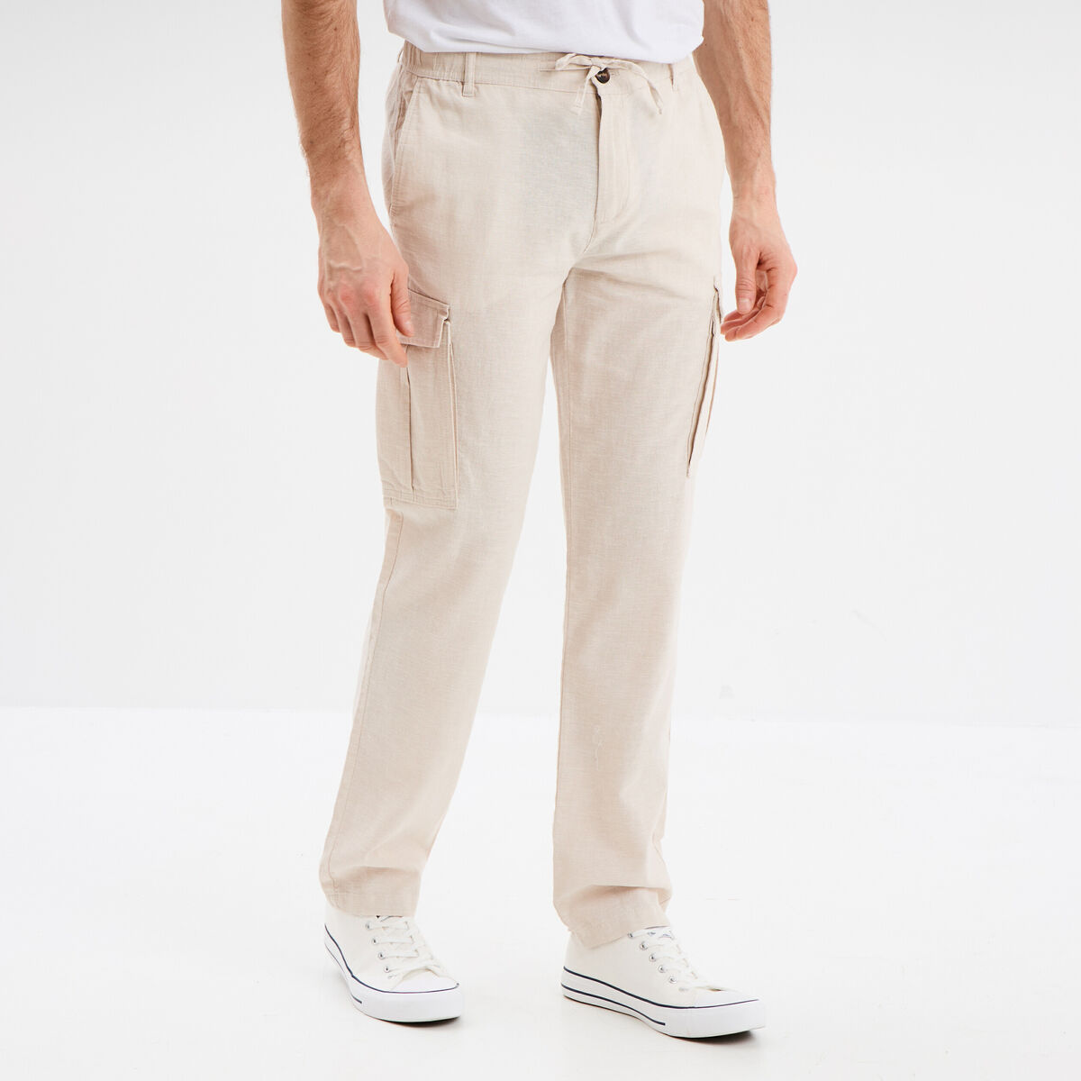 Pantalon cargo en lin m&eacute;lang&eacute; gris clair homme