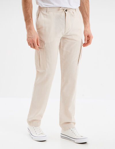 Pantalon cargo en lin m&eacute;lang&eacute; gris clair homme