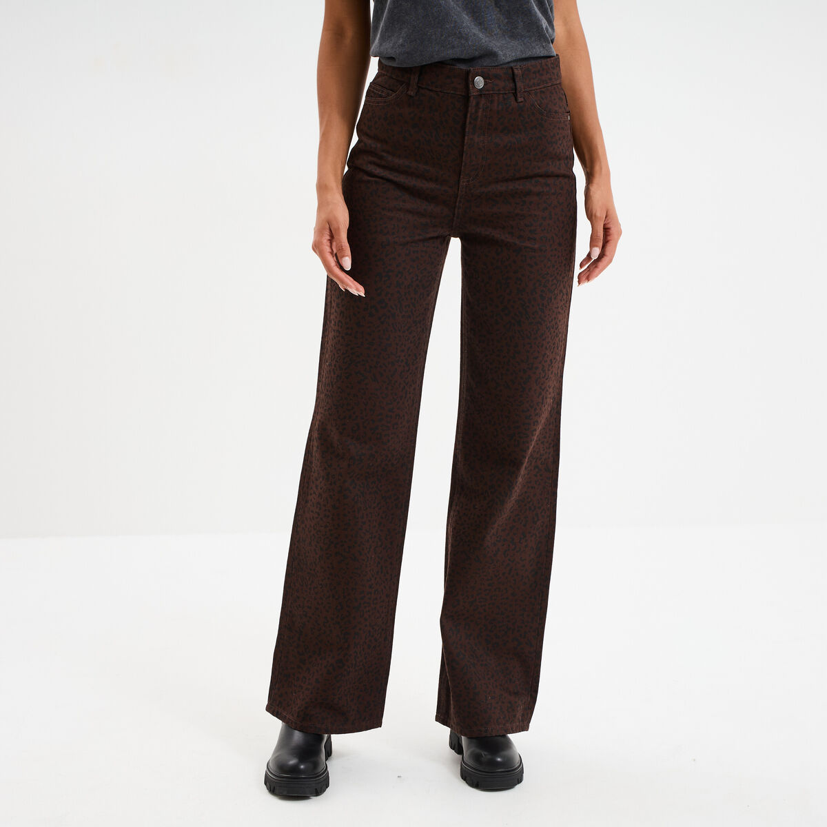 Jean large taille haute coton marron foncé femme