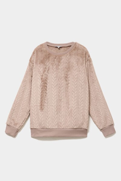 Haut de pyjama sweat polaire torsad&eacute; beige femme