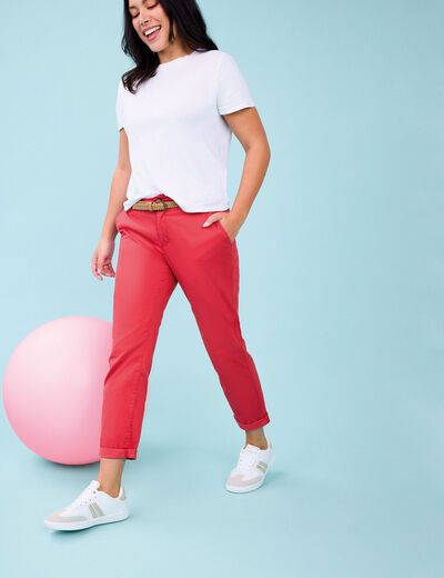 Pantalon chino 7/8ème ceinture tressée rouge corail femme