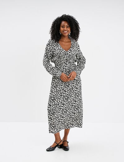 Robe midi empire fluide col en V noir femme