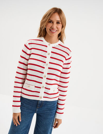 Gilet effet ajour&eacute; manches longues coton ecru femme
