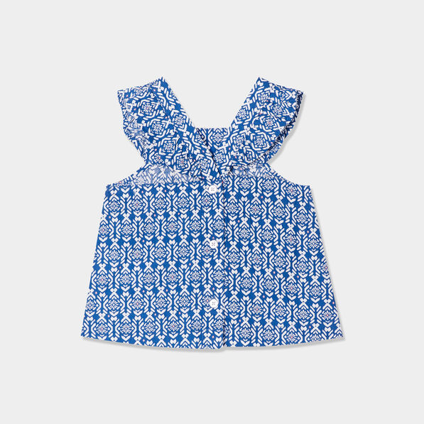 blouse coton sans manches a volants bleu bebef Blouse coton sans manches à volants bleu bébé fille