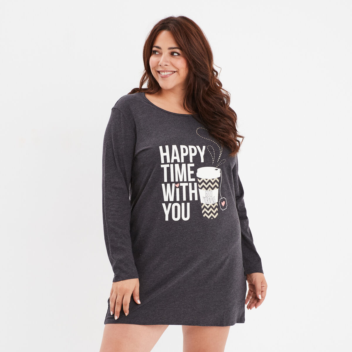 Chemise de nuit manches longues coton gris foncé femme grande taille