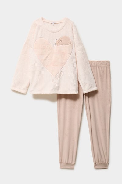 Ensemble pyjama effet velours 2 pi&egrave;ces creme femme grande taille