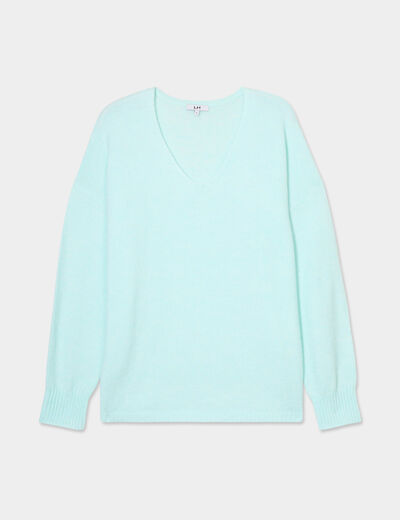 Pull col en V manches longues bleu turquoise femme