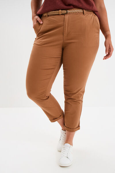 Pantalon chino taille haute coton marron clair femme grande taille