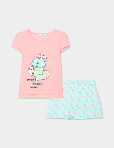Ensemble pyjama short 2 pièces coton rose fluo fille
