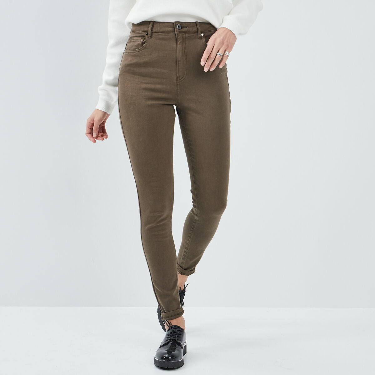 Pantalon skinny taille haute vert kaki femme