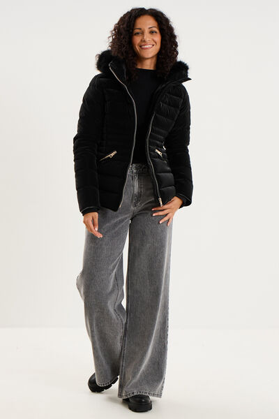 Doudoune courte capuche fausse fourrure noir femme
