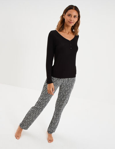 Ensemble pyjama manches longues 2 pi&egrave;ces noir femme