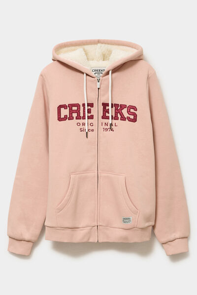Sweat &agrave; capuche doublure effet sherpa rose poudr&eacute;e femme