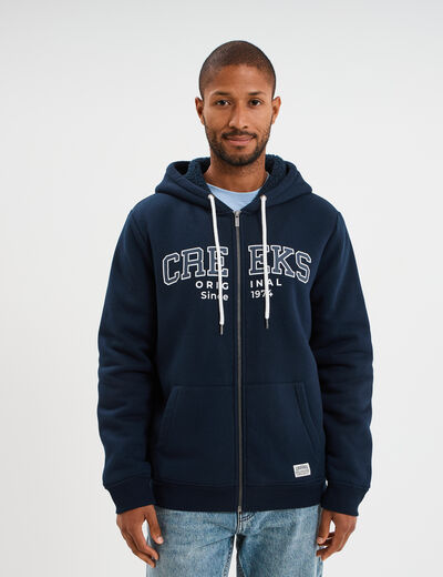 Sweat zippé à capuche doublé bleu marine homme