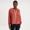 Blouse brod&eacute;e manches longues coton vieux rose femme
