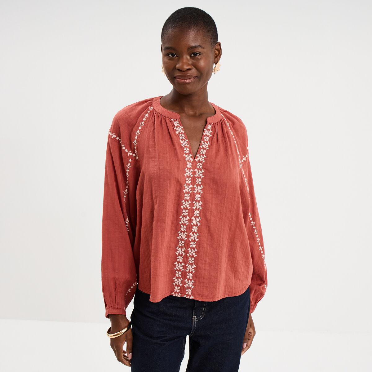 Blouse brod&eacute;e manches longues coton vieux rose femme