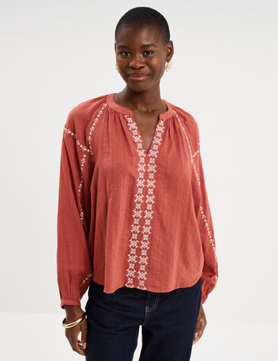Blouse brod&eacute;e manches longues coton vieux rose femme
