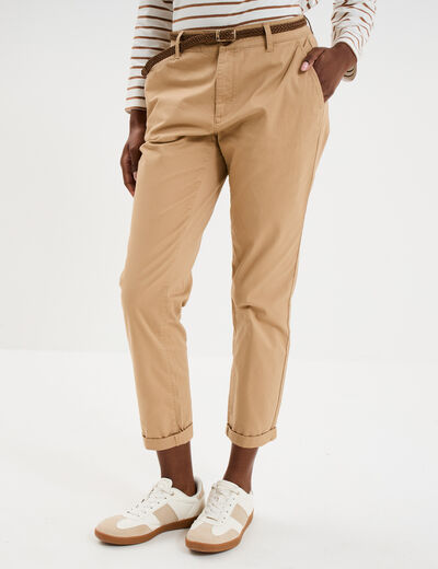Pantalon chino 7/8&egrave;me ceinture tress&eacute;e beige femme